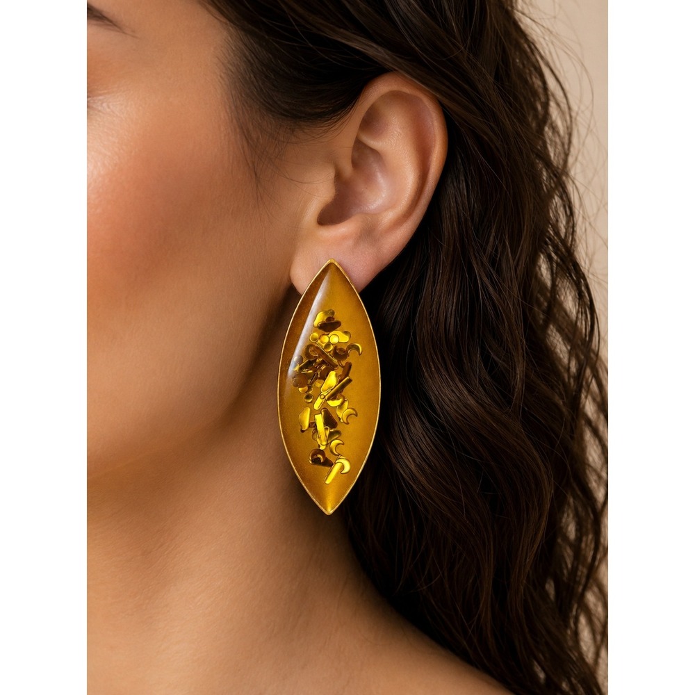 Vintage 80s Amber Confetti Earrings Large Marquise Acrylic Gold Tone Statement